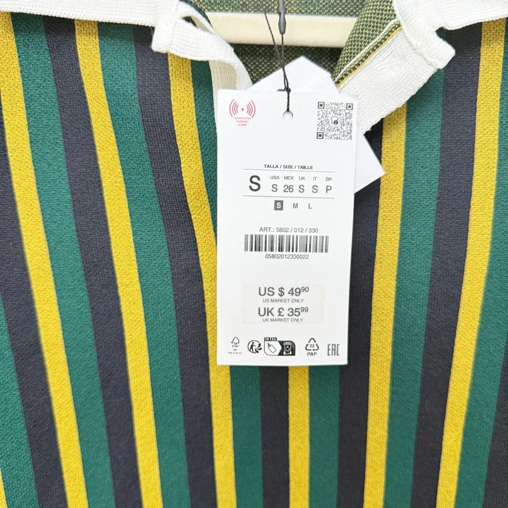 Zara Striped Green and Yellow Collared Sweater size S new with tags - Picture 3 of 5